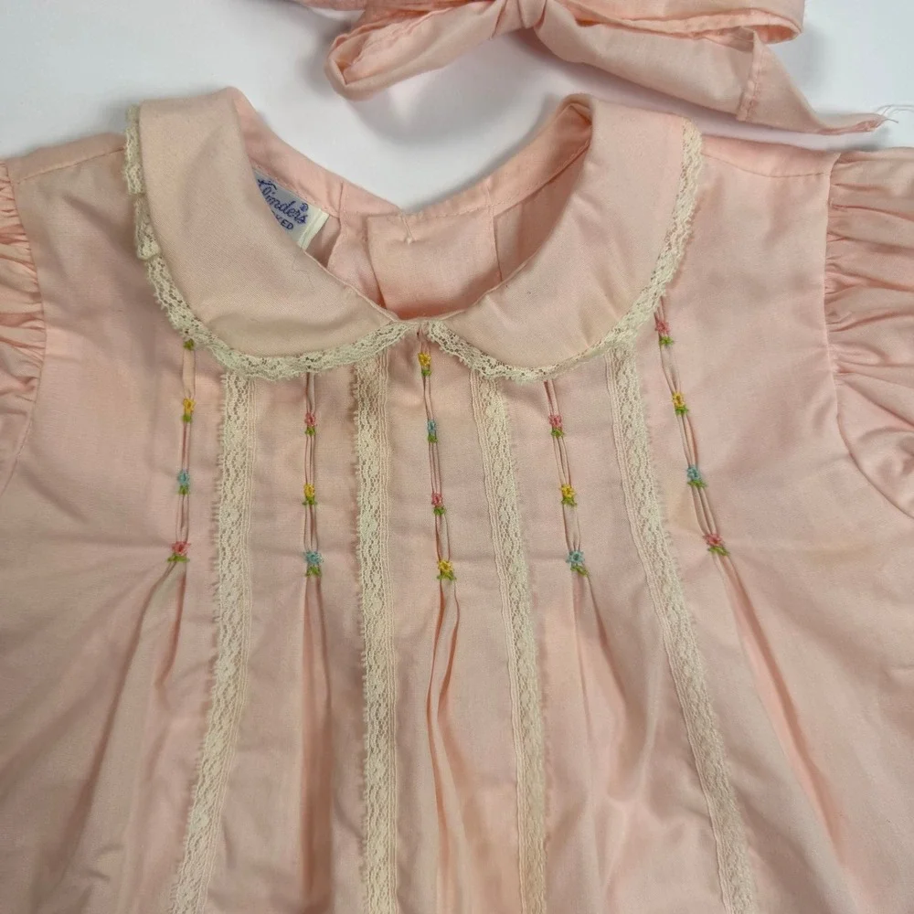 Polly Flinders Vintage Cottagecore Coquette Baby Dress Bonnet Set Pink Cotton